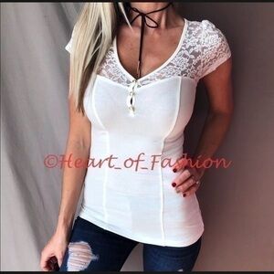 Women's Lace Detail Gold Button V-Neck Cap Sleeve Henley Top Tee Shirt Ivory
